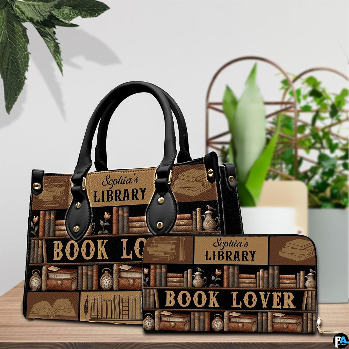Model holding the vintage library handbag outdoors displaying the antique bookshelf artwork.