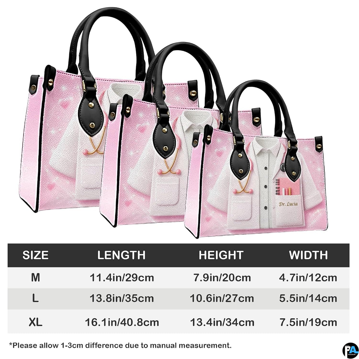 Model holding pink doctor handbag demonstrating carrying proportions and scale