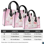 Model holding pink doctor handbag demonstrating carrying proportions and scale