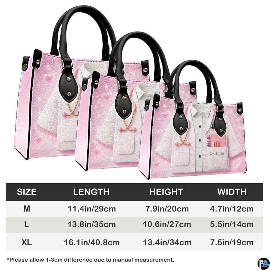 Model holding pink doctor handbag demonstrating carrying proportions and scale