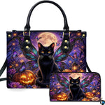 Studio presentation of winged black cat and pumpkin artwork alongside matching companion accessory on white surface.