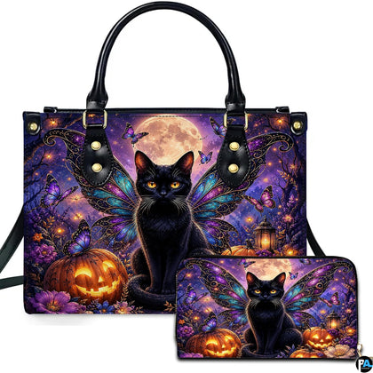 Studio presentation of winged black cat and pumpkin artwork alongside matching companion accessory on white surface.