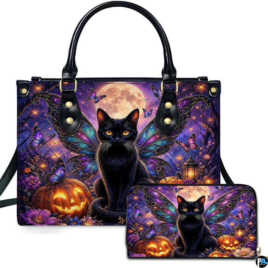 Studio presentation of winged black cat and pumpkin artwork alongside matching companion accessory on white surface.
