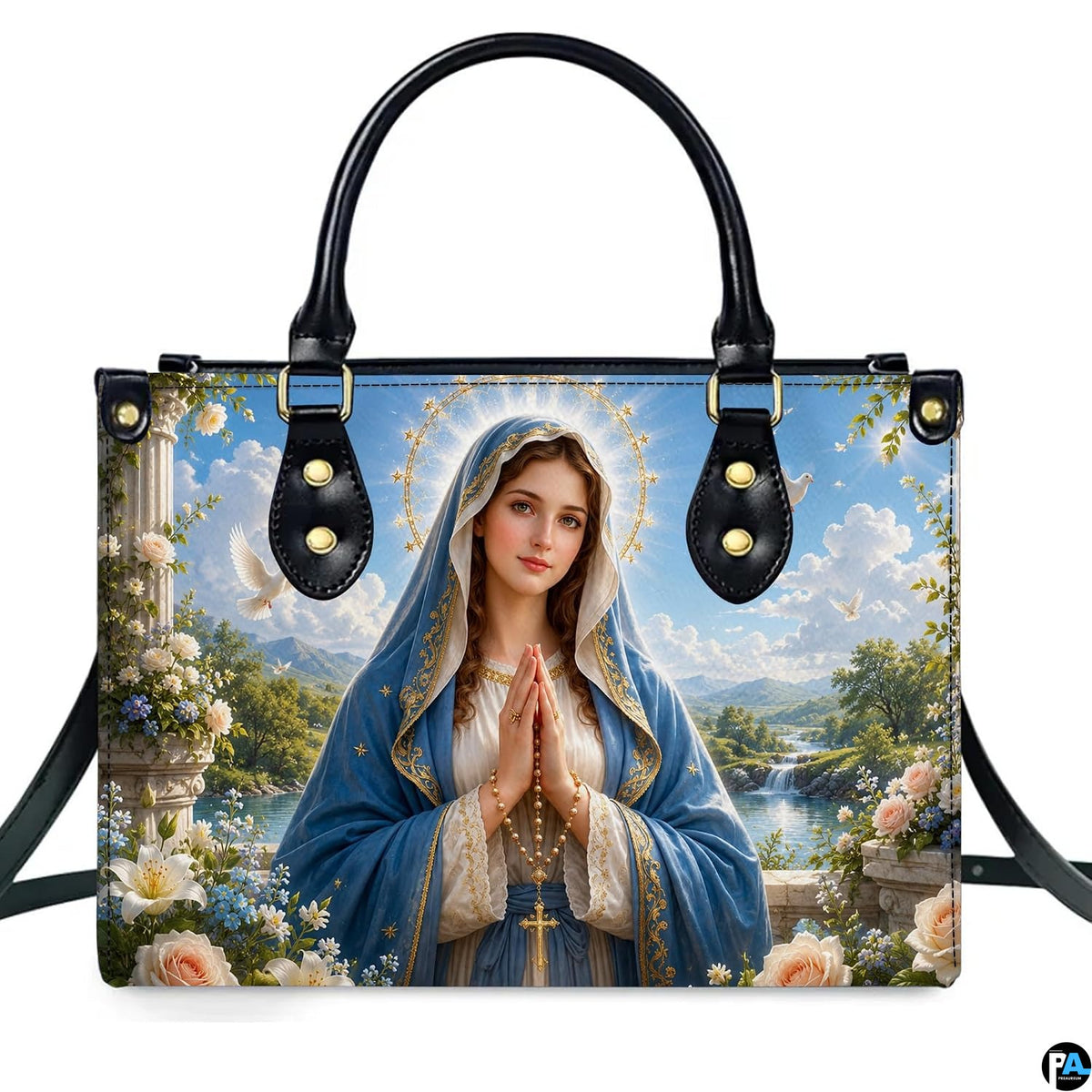 Pastoral Virgin Mary handbag displayed with matching continental wallet
