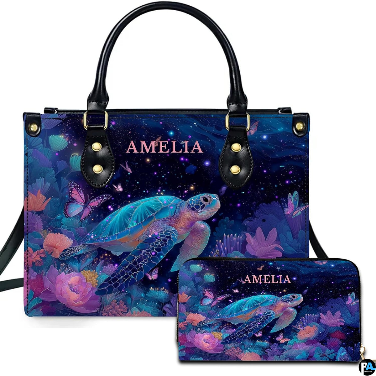 Celestial sea turtle handbag and matching wallet set featuring bioluminescent marine artwork.
