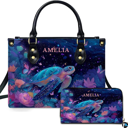 Celestial sea turtle handbag and matching wallet set featuring bioluminescent marine artwork.