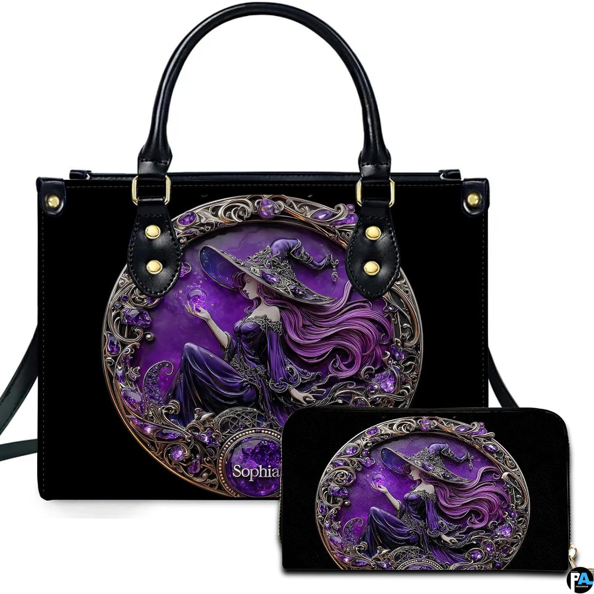 Personalized Halloween Leather Handbag – Custom Witch 3D Printing Effect Purses For Women – Spooky Gothic Shoulder Bag