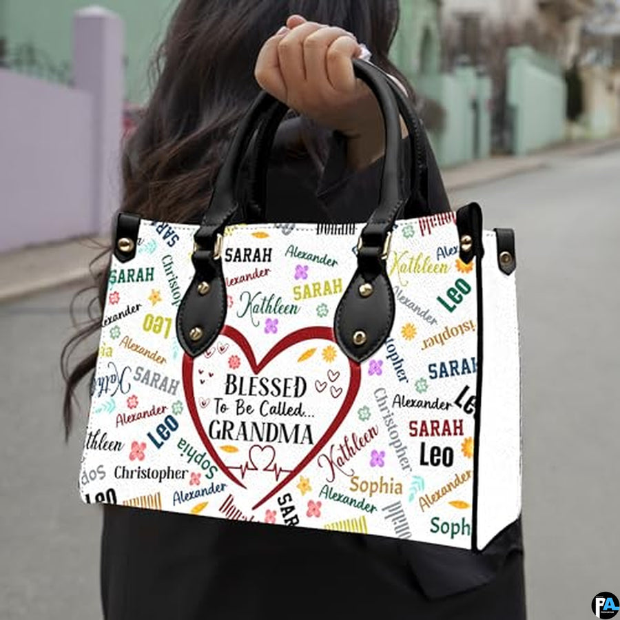 Mothers Day Gift Leather Bag- Personalized Grandmas Purse With Grandkids Names, Grandma Handbag Birthday Gifts For Mom Women