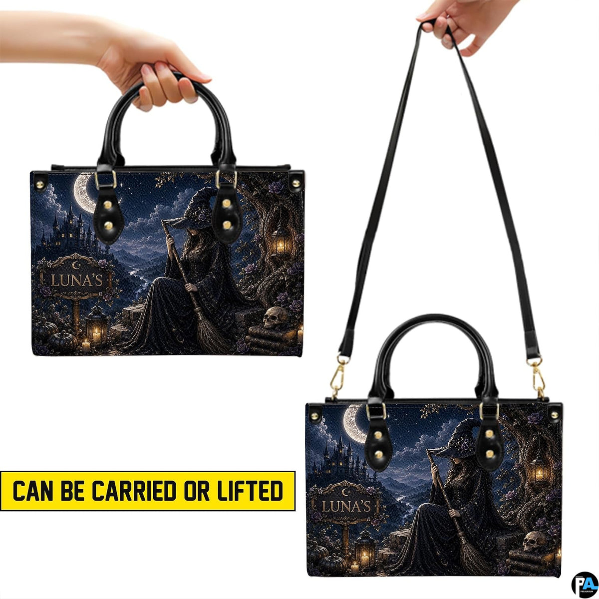 Demonstration banner illustrating handheld and shoulder carry styling for this dark witch art accessory.