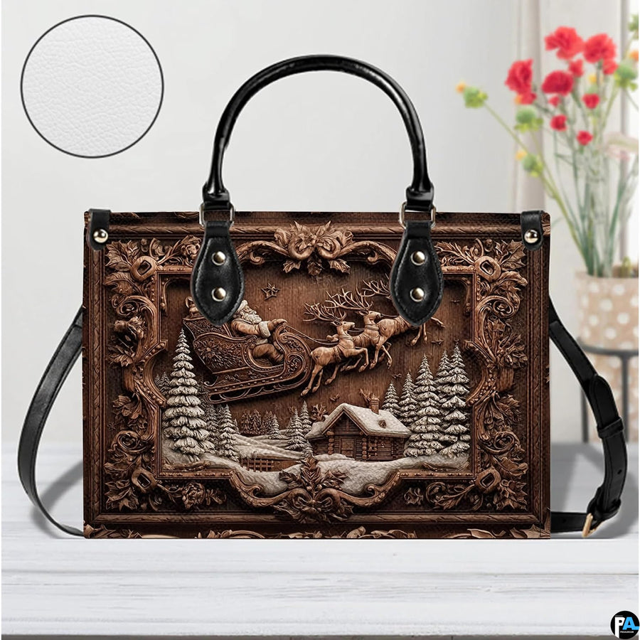 Holiday handbag with carved wood Santa scene displayed on a white table surface with background flowers