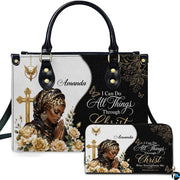 Praying woman handbag and matching zippered wallet displayed side by side on white backdrop