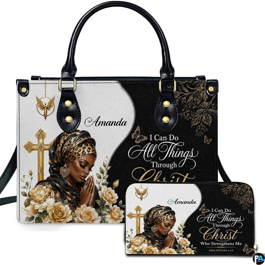 Praying woman handbag and matching zippered wallet displayed side by side on white backdrop