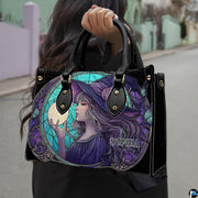Outdoor lifestyle presentation showcasing the colorful stained glass sorceress portrait in natural daylight.