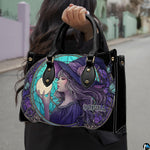 Outdoor lifestyle presentation showcasing the colorful stained glass sorceress portrait in natural daylight.