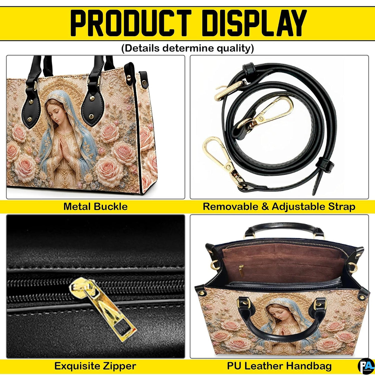 Detailed product display showing metallic buckles, zipper, and interior lining