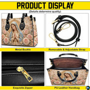 Detailed product display showing metallic buckles, zipper, and interior lining