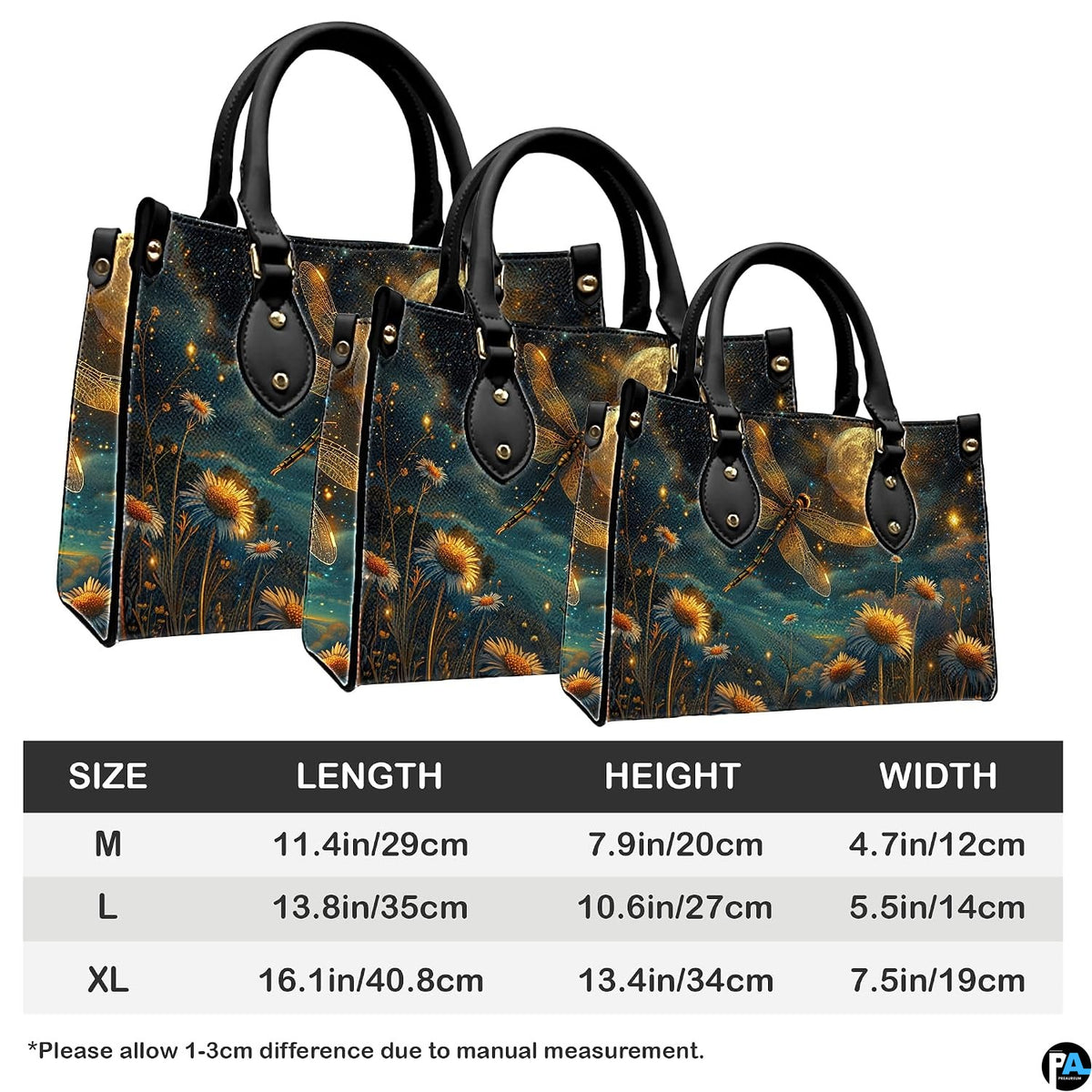 Handbag sizing chart comparing dimensions across Medium, Large, and Extra Large options