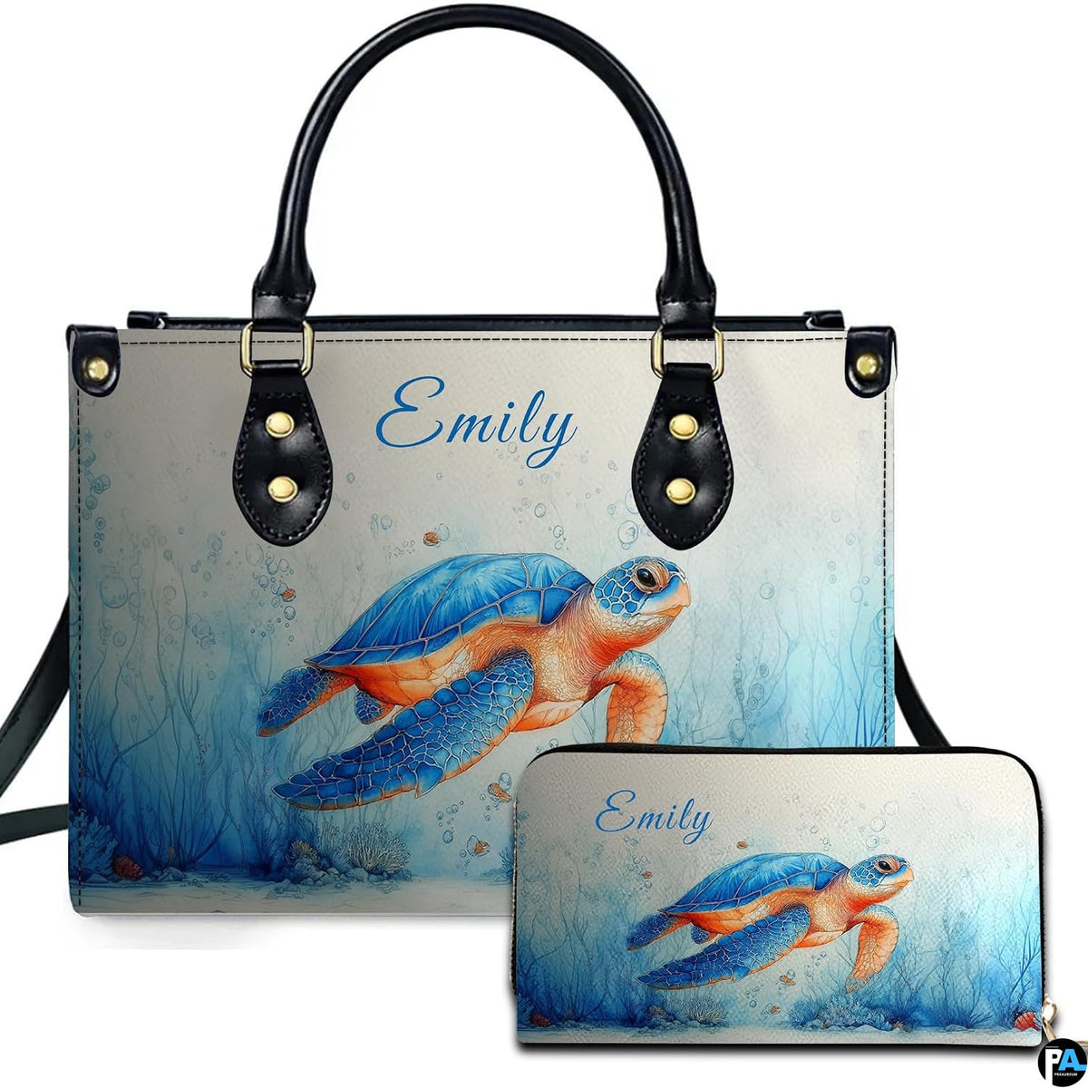 Watercolor coastal sea turtle handbag and matching wallet set featuring cerulean blue artwork.