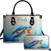 Watercolor coastal sea turtle handbag and matching wallet set featuring cerulean blue artwork.