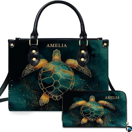 Emerald gold filigree sea turtle handbag and matching wallet set featuring watercolor textures.