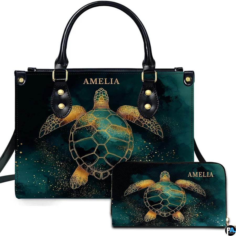 Emerald gold filigree sea turtle handbag and matching wallet set featuring watercolor textures.