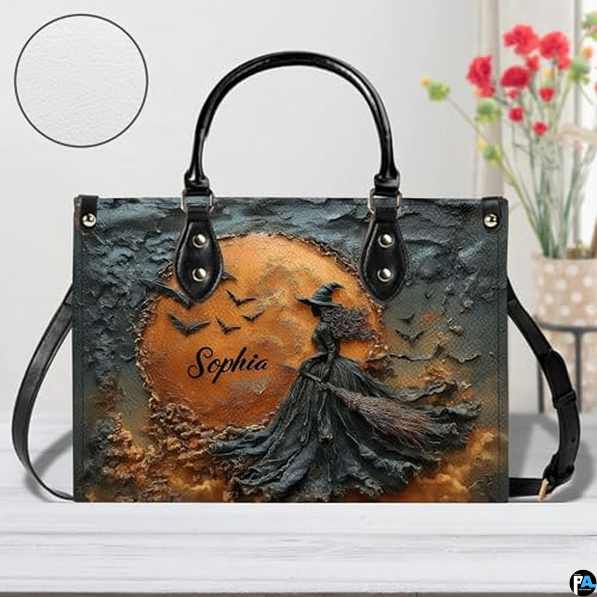 Personalized Halloween Leather Handbag – Custom Witch 3D Printing Effect Purses For Women – Spooky Gothic Shoulder Bag
