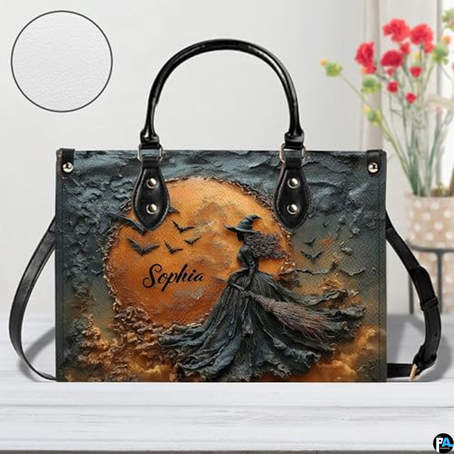 Personalized Halloween Leather Handbag – Custom Witch 3D Printing Effect Purses For Women – Spooky Gothic Shoulder Bag