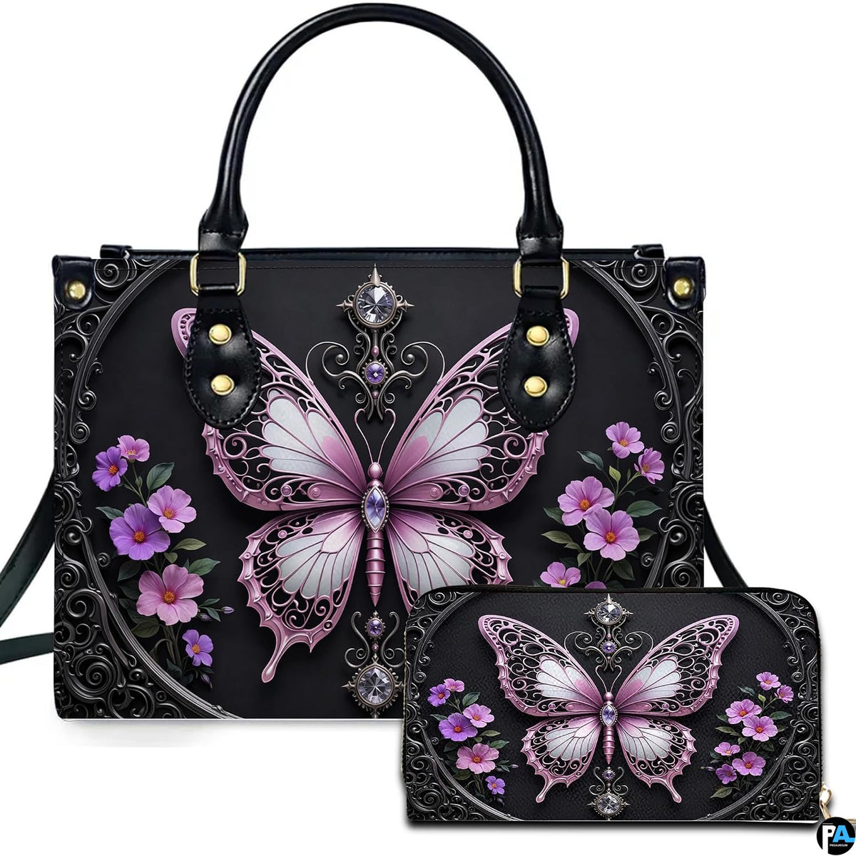 Gothic pastel pink butterfly handbag and wallet set displayed together on white background