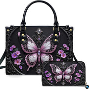 Gothic pastel pink butterfly handbag and wallet set displayed together on white background