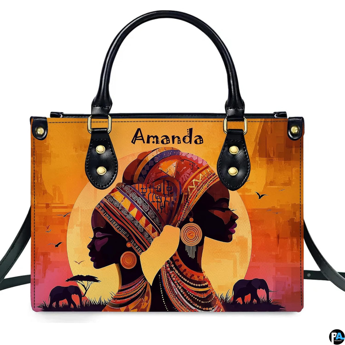 Direct studio front view of the two women profiles and savanna sunset artwork on a neutral surface.