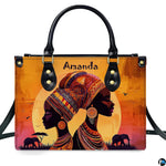 Direct studio front view of the two women profiles and savanna sunset artwork on a neutral surface.
