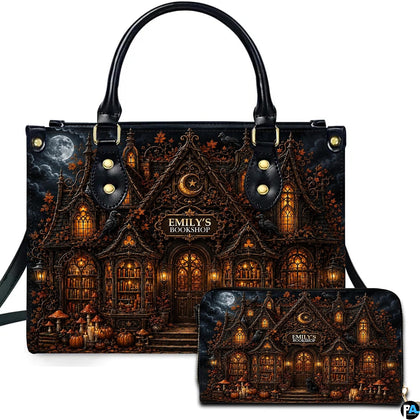 Gothic bookstore handbag displayed beside matching companion wallet.
