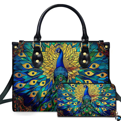 Peacock stained glass pattern handbag with matching wallet
