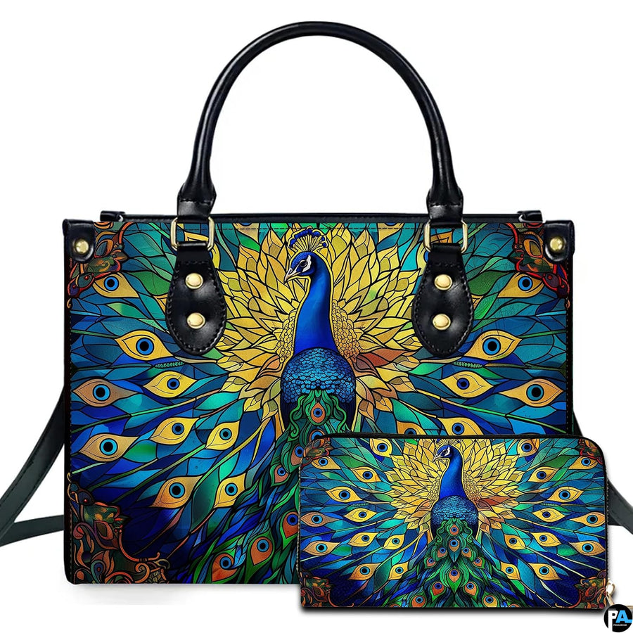 Peacock stained glass pattern handbag with matching wallet