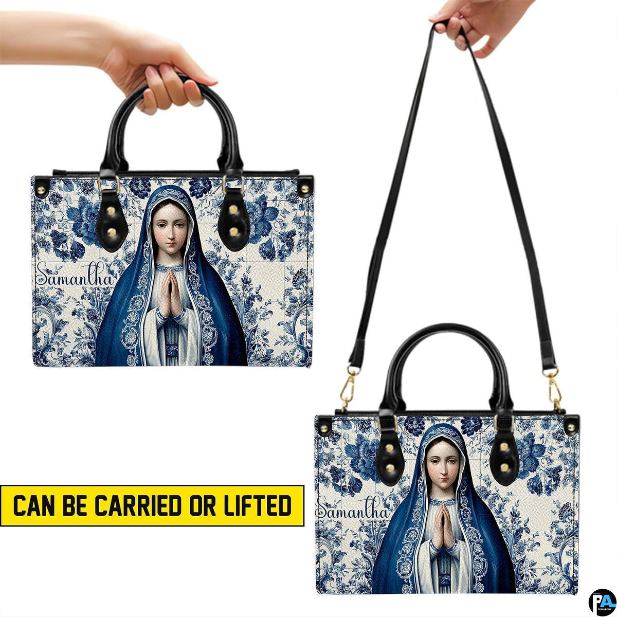Lifestyle graphic demonstrating top-handle and shoulder carry options for the handbag.