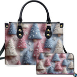 Front view of holiday accessory presenting frosted pine trees and snowflakes across pastel pink and blue blocks