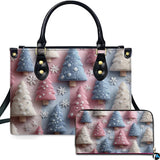 Frosted Holiday Pine Trees and Snowflakes Art on Pastel Grid