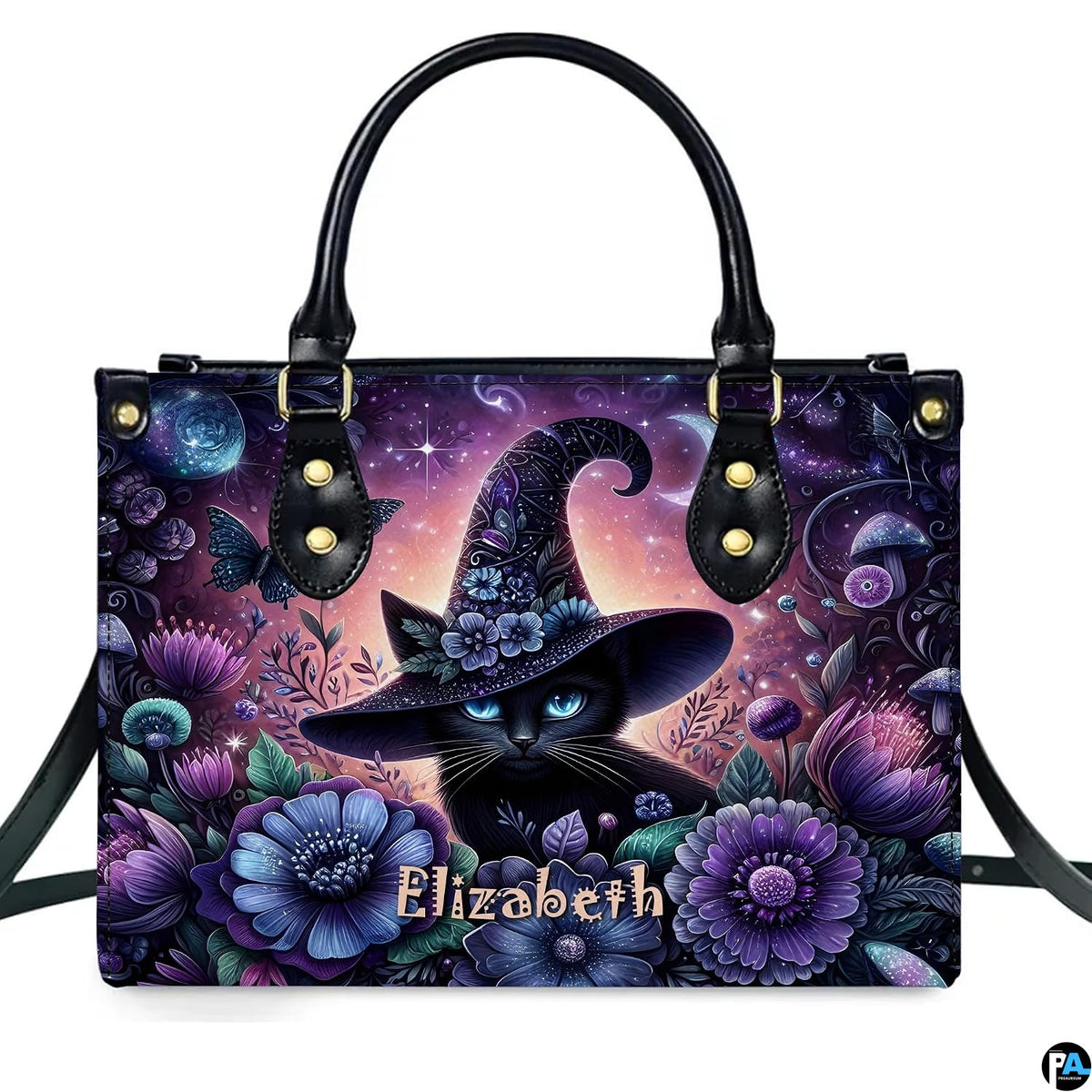Frontal studio view showcasing the floral witch cat, purple blossoms, and crescent moon on white surface.
