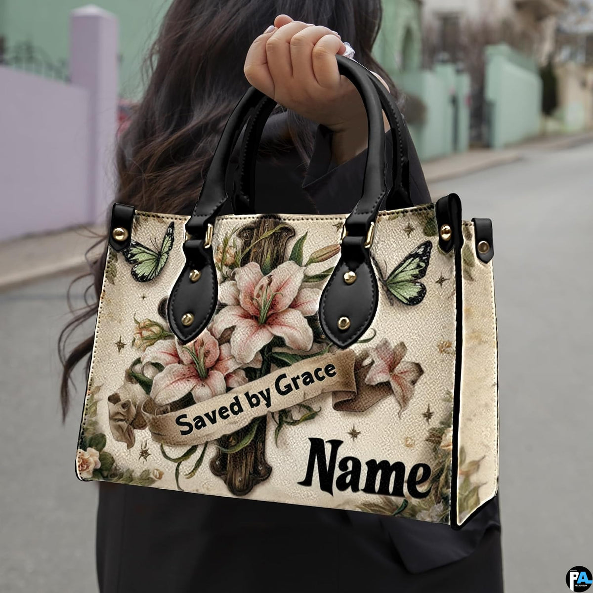 Easter lily cross handbag paired with matching wallet in vintage parchment theme.