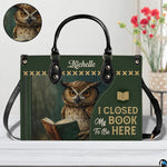 Reading owl handbag displayed on plain background with inset circular material texture swatch.