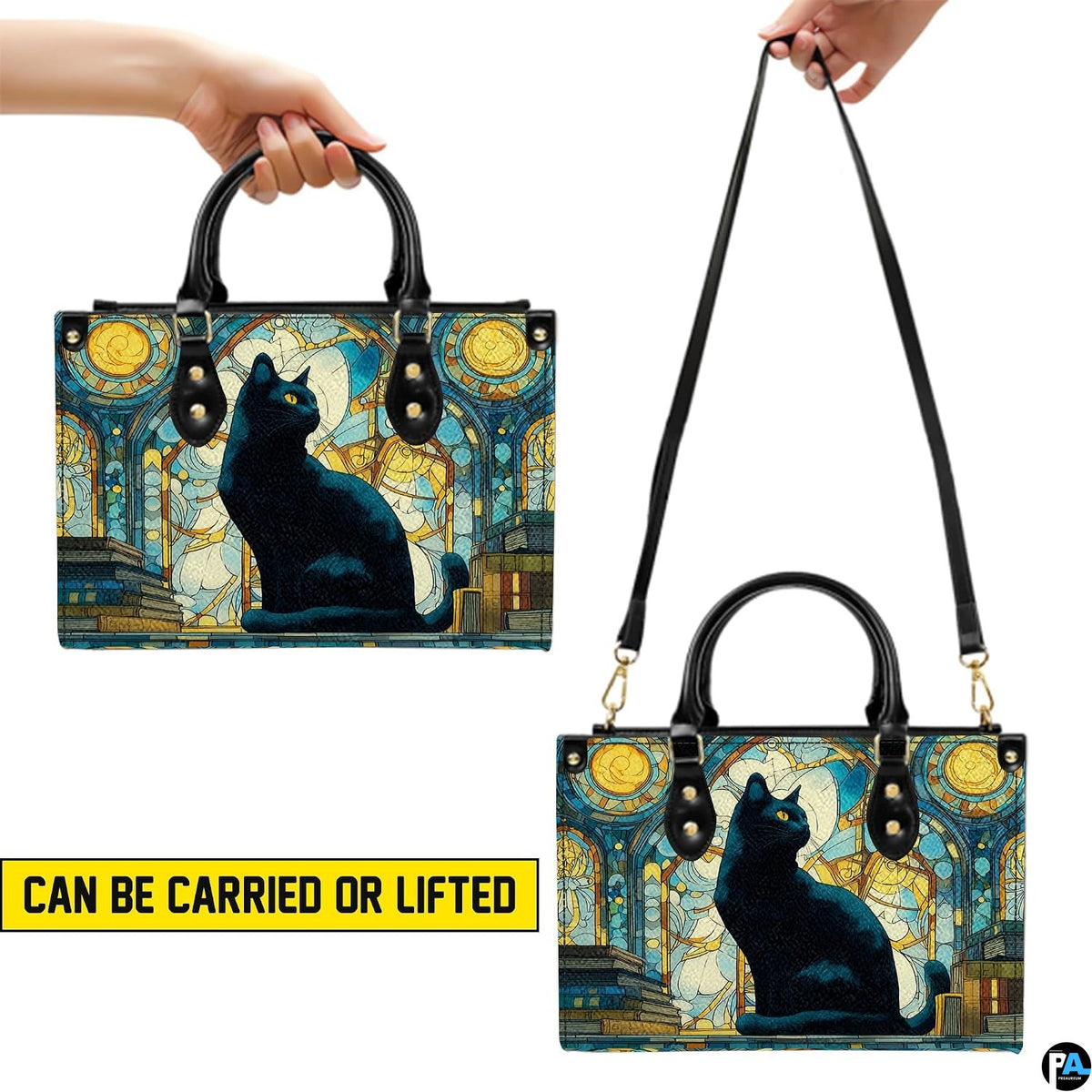 Demonstration graphic showcasing dual elevated holding positions for the cat art piece.