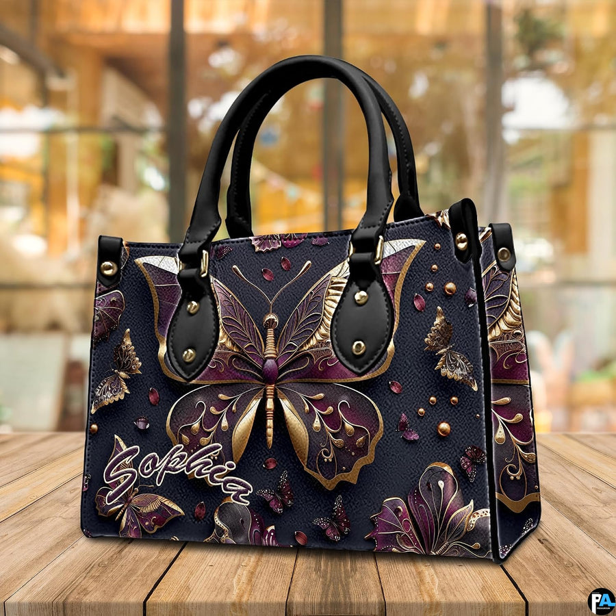Alternative angle display of gold plum butterfly handbag and wallet set