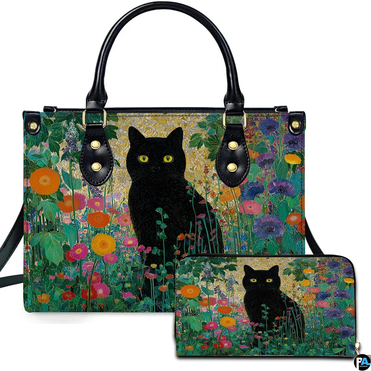 Studio presentation of black cat garden art beside matching rectangular companion accessory.