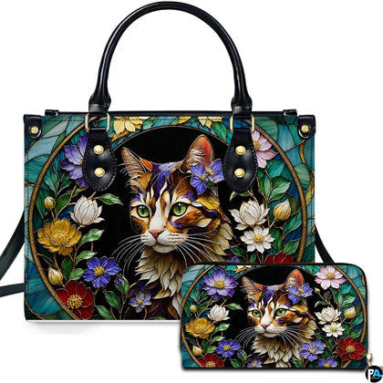 Studio presentation showing stained glass cat artwork alongside matching companion accessory on plain white surface.