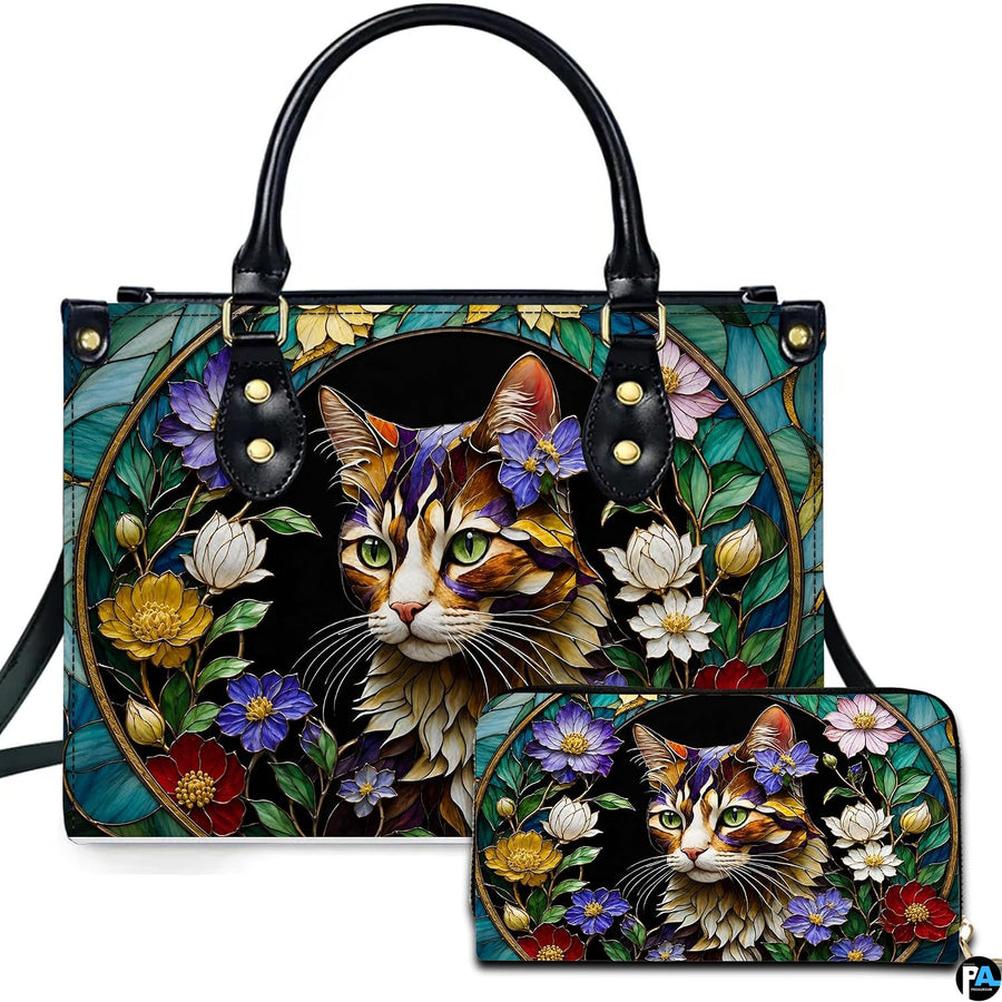 Studio presentation showing stained glass cat artwork alongside matching companion accessory on plain white surface.