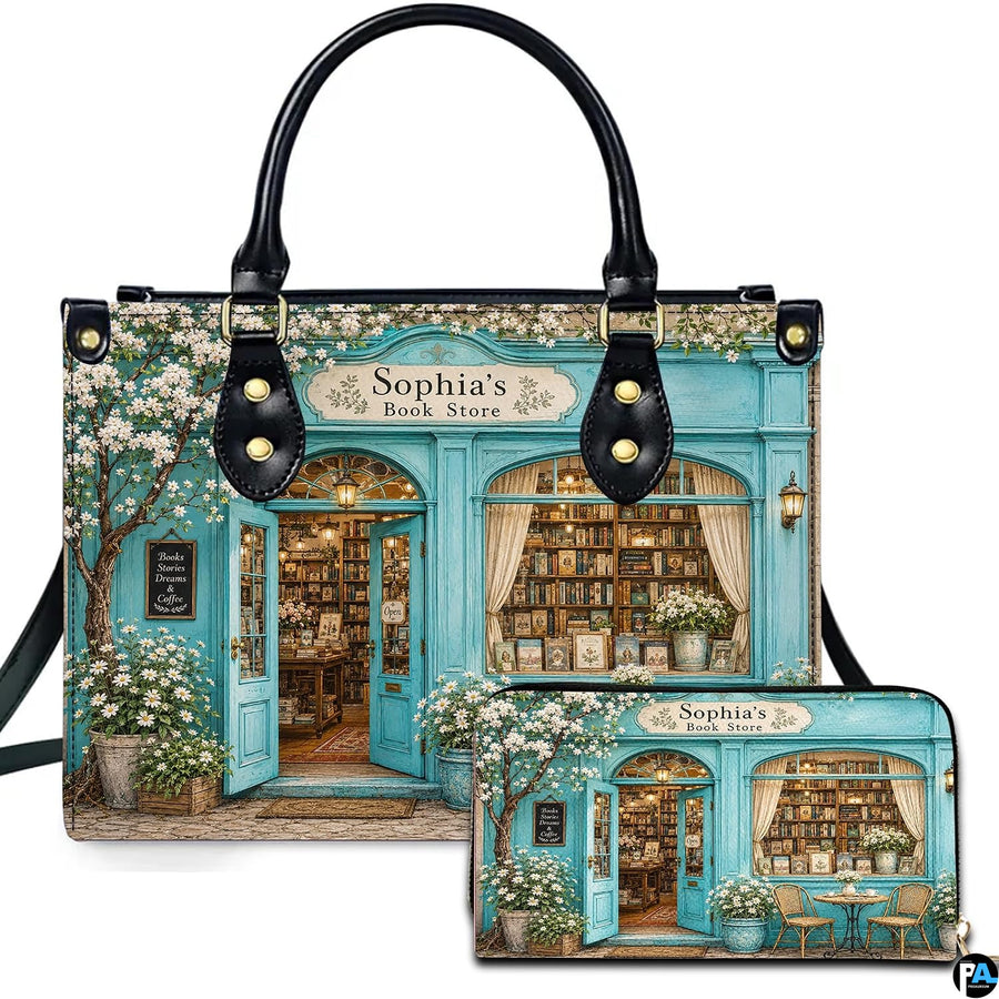 Front view of accessory set featuring turquoise vintage bookshop facade, blossom tree, and cafe bistro seating