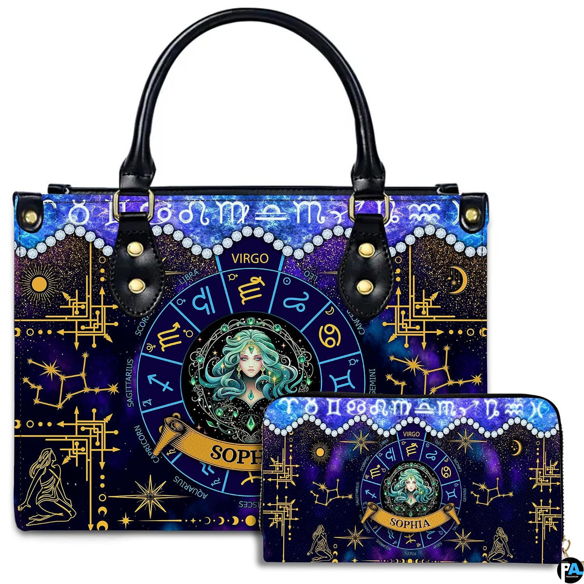 Studio showcase of Celestial Maiden Satchel Handbag displayed alongside matching companion continental wallet.