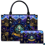 Studio showcase of Celestial Maiden Satchel Handbag displayed alongside matching companion continental wallet.