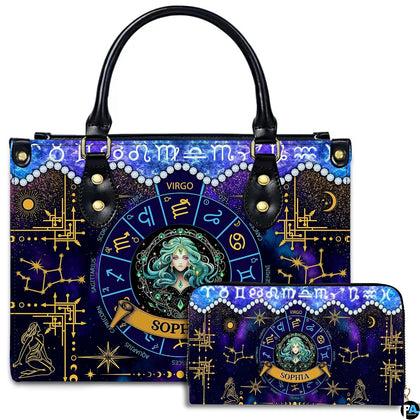 Studio showcase of Celestial Maiden Satchel Handbag displayed alongside matching companion continental wallet.