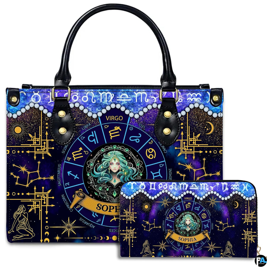 Studio showcase of Celestial Maiden Satchel Handbag displayed alongside matching companion continental wallet.
